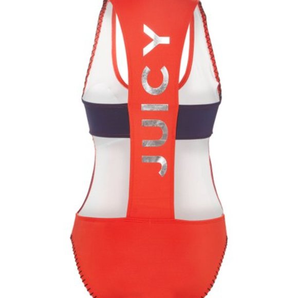 NWT JUICY COUTURE Red Blue LOGO 'Juicy' Zip-Front One-Piece Sporty Swimsuit - Picture 7 of 10